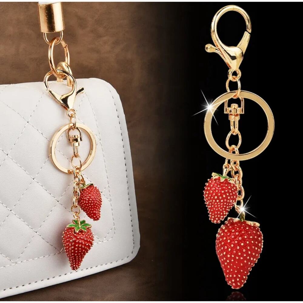 Cute Strawberry Bag Charm Gold Key Ring Purse Pendant Bling‎ Fruit Keychain NWT
